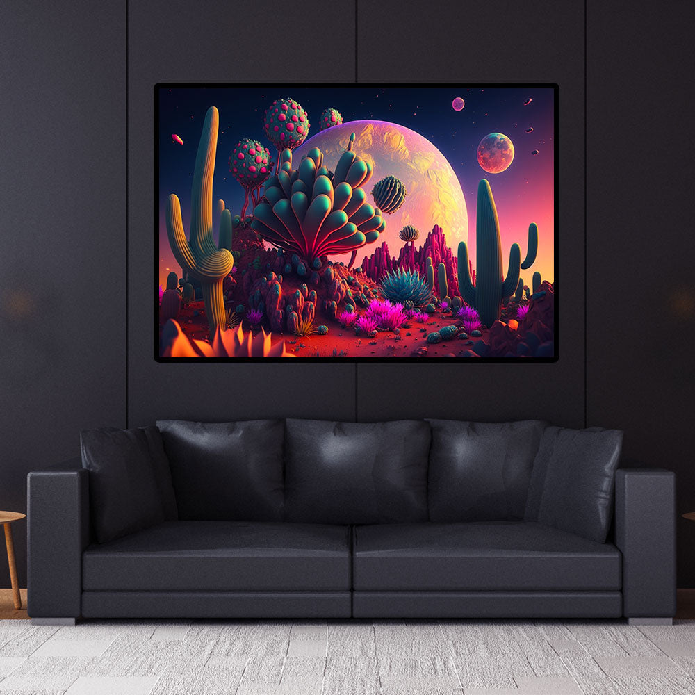 Psy Cacti Cactus Garden UV Reactive Wall Hanging | Spiritual Wall Hanging | Visionary Psychedelic Art | UV Ink Blacklight Psychedelic Tapestry