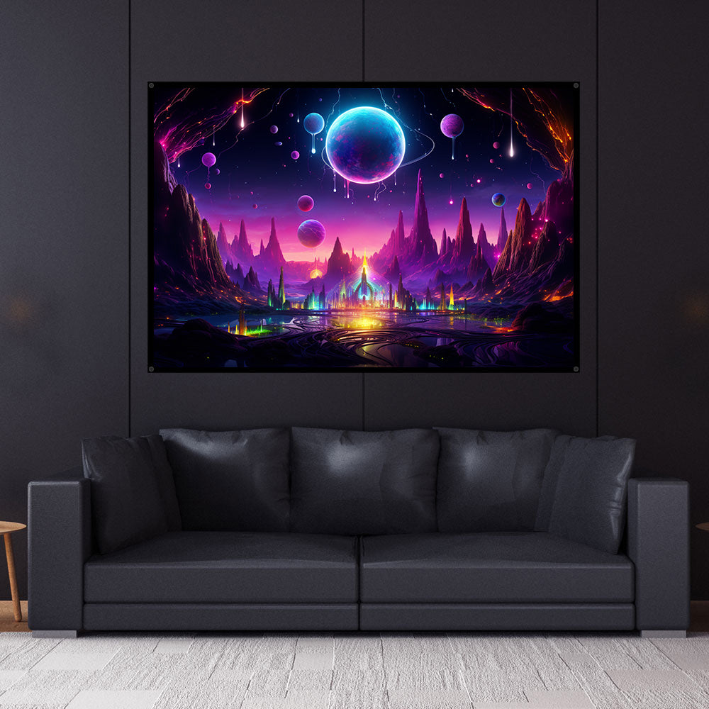 DMT Land UV Reactive Wall Hanging | Shamanic Wall Hanging | Visionary Psychedelic Art | UV Ink Blacklight Psychedelic Tapestry