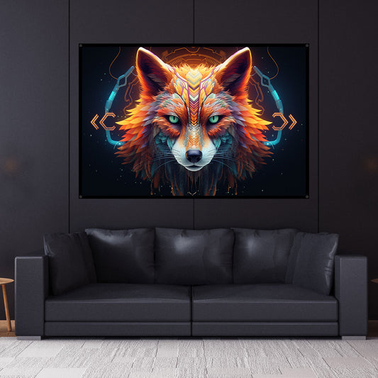 Psy Fox UV Reactive Wall Hanging | Shamanic Wall Hanging | Visionary Psychedelic Art | UV Ink Blacklight Psychedelic Tapestry