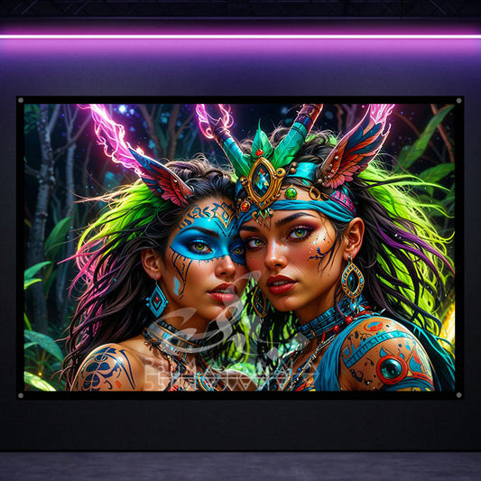 Divine Amazone Goddess Blacklight Tapestry: UV Reactive Glowing Wall Hanging