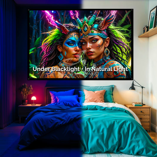 Divine Amazone Goddess Blacklight Tapestry: UV Reactive Glowing Wall Hanging