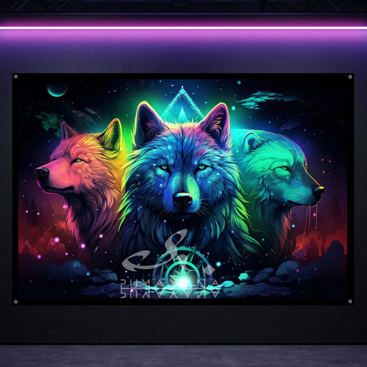 Shamanic Bear and Wolf Spirit Blacklight Tapestry: UV Reactive Glowing Wall Hanging