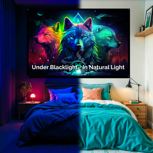 Shamanic Bear and Wolf Spirit Blacklight Tapestry: UV Reactive Glowing Wall Hanging