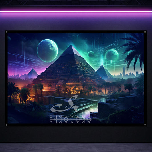 Atlantis Sacred Pyramid Blacklight Tapestry: UV Reactive Glowing Wall Hanging