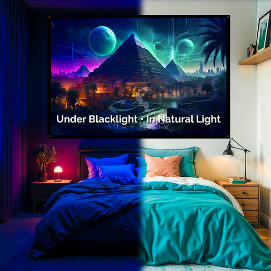 Atlantis Sacred Pyramid Blacklight Tapestry: UV Reactive Glowing Wall Hanging