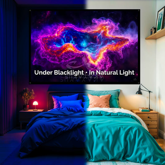 Visionary Black Hole Blacklight Tapestry: UV Reactive Glowing Wall Hanging