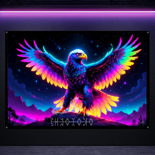 Cosmic Eagle Blacklight Tapestry: UV Reactive Glowing Wall Hanging