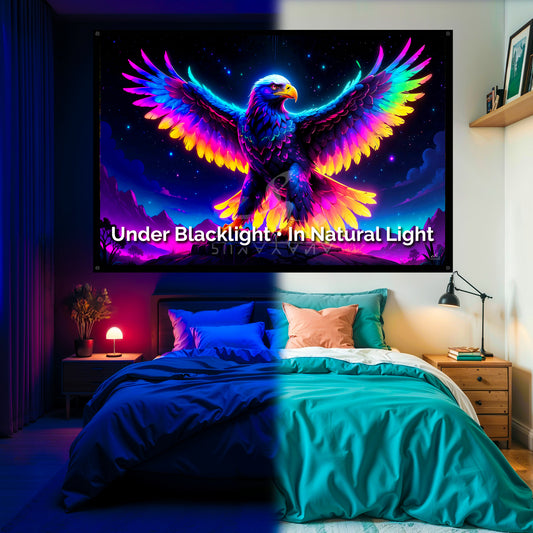 Cosmic Eagle Blacklight Tapestry: UV Reactive Glowing Wall Hanging