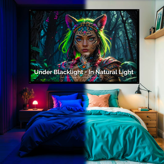 Cosmic Goddess Blacklight Tapestry: UV Reactive Glowing Wall Hanging