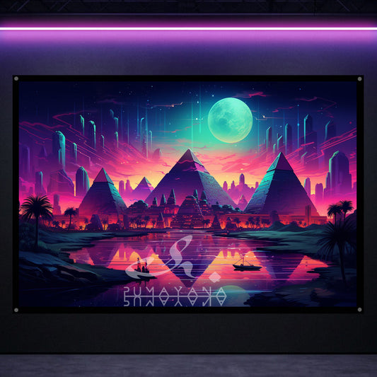 Pyramid Temple Blacklight Tapestry: UV Reactive Glowing Wall Hanging