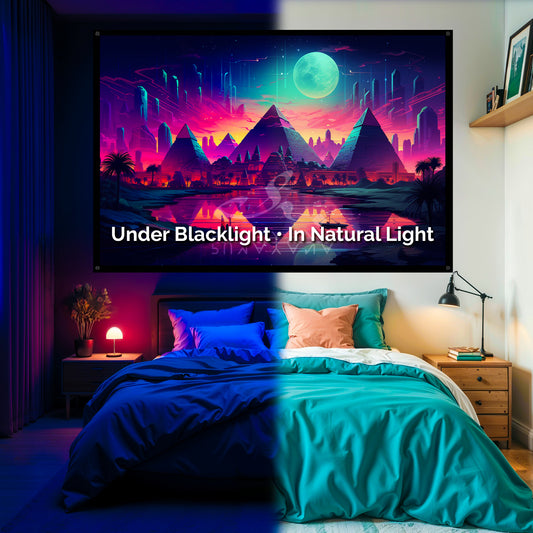 Pyramid Temple Blacklight Tapestry: UV Reactive Glowing Wall Hanging