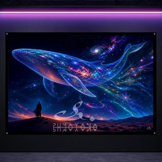 Cosmic Whale Blacklight Tapestry: UV Reactive Glowing Wall Hanging