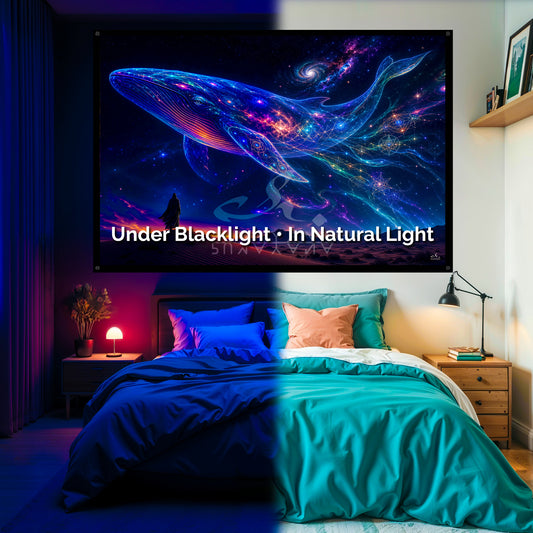 Cosmic Whale Blacklight Tapestry: UV Reactive Glowing Wall Hanging
