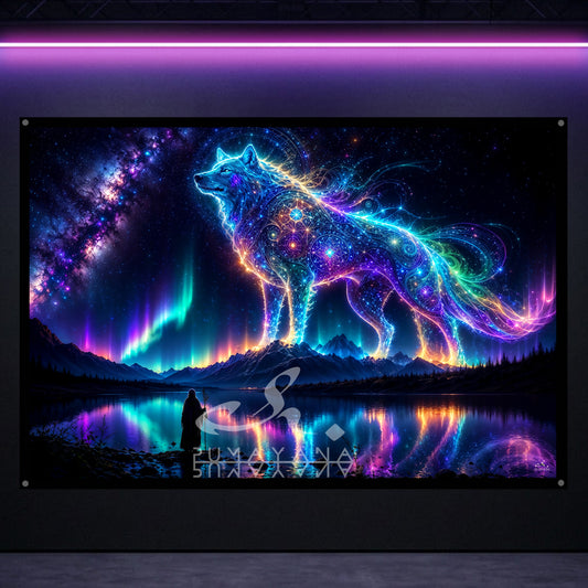 Cosmic Wolf Blacklight Tapestry: UV Reactive Glowing Wall Hanging