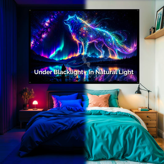 Cosmic Wolf Blacklight Tapestry: UV Reactive Glowing Wall Hanging