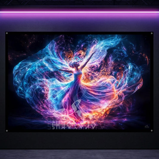 Dancing Divine Woman Blacklight Tapestry: UV Reactive Glowing Wall Hanging