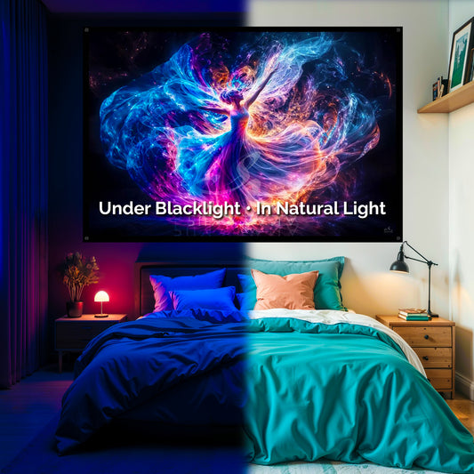 Dancing Divine Woman Blacklight Tapestry: UV Reactive Glowing Wall Hanging