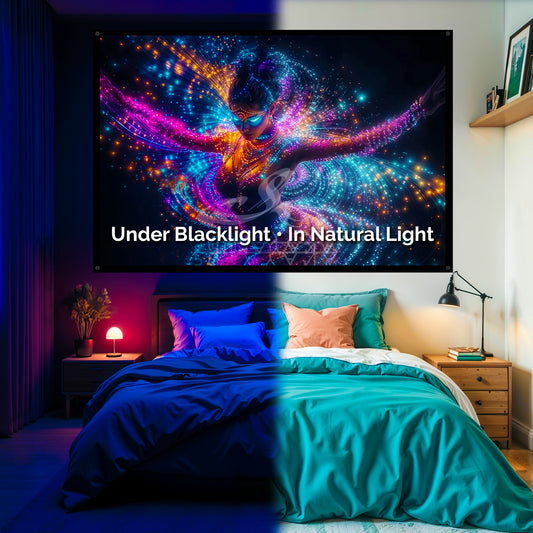 Tantric Dancing Woman Blacklight Tapestry: UV Reactive Glowing Wall Hanging