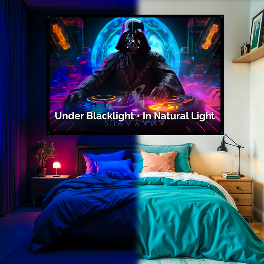 DJ Darth Cyberpunk Tapestry: UV Reactive Glowing Wall Hanging