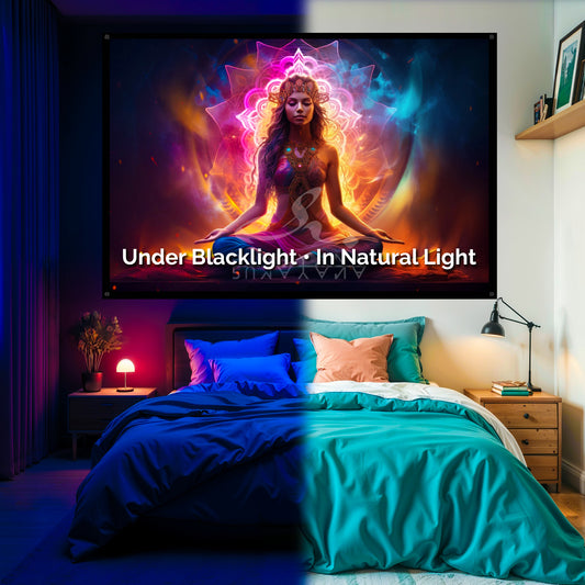 Divine Goddess Blacklight Tapestry: UV Reactive Glowing Wall Hanging