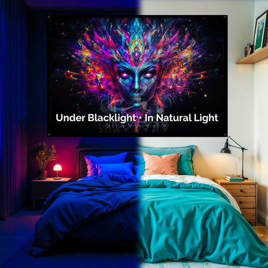 Divine Woman Blacklight Tapestry: UV Reactive Glowing Wall Hanging