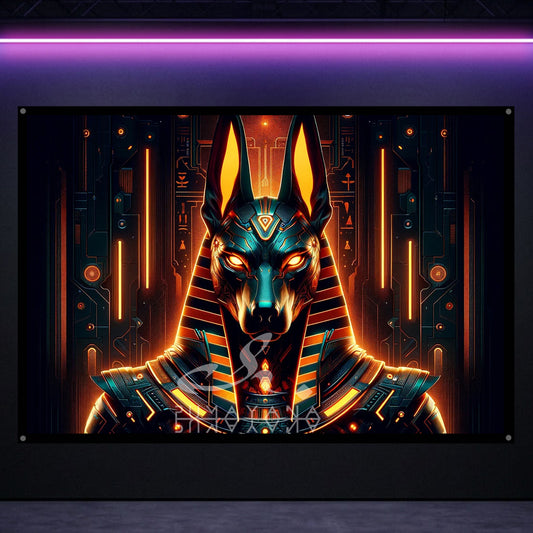 Divine Anubis Blacklight Tapestry: UV Reactive Glowing Wall Hanging
