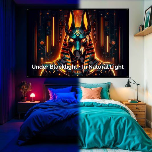 Divine Anubis Blacklight Tapestry: UV Reactive Glowing Wall Hanging