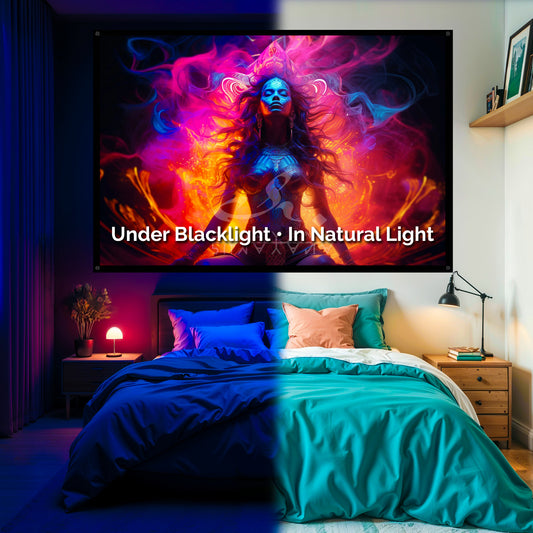 Divine Feminine Blacklight Tapestry: UV Reactive Glowing Wall Hanging