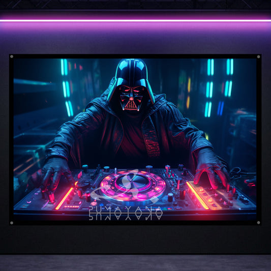 Cosmic DJ Darth Vador Blacklight Tapestry: UV Reactive Glowing Wall Hanging