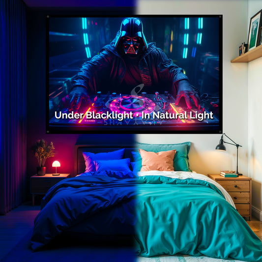 Cosmic DJ Darth Vador Blacklight Tapestry: UV Reactive Glowing Wall Hanging