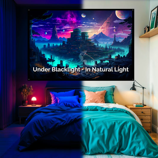 Mystic DMT Temple Tapestry: UV Reactive Glowing Wall Hanging