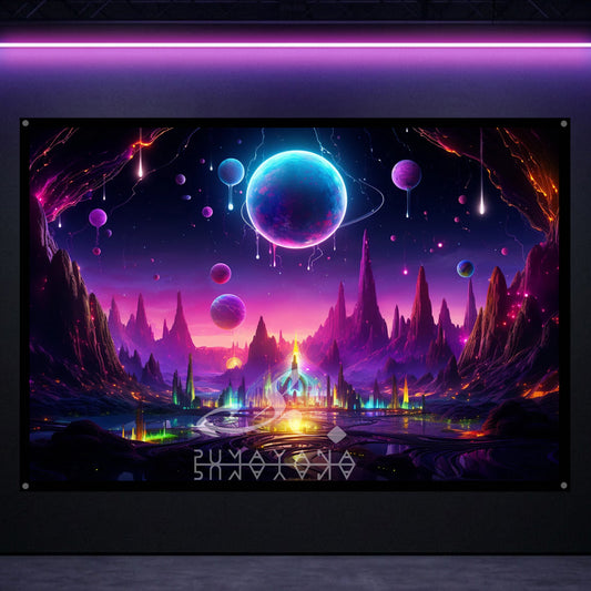 Cosmic DMT World Blacklight Tapestry: UV Reactive Glowing Wall Hanging