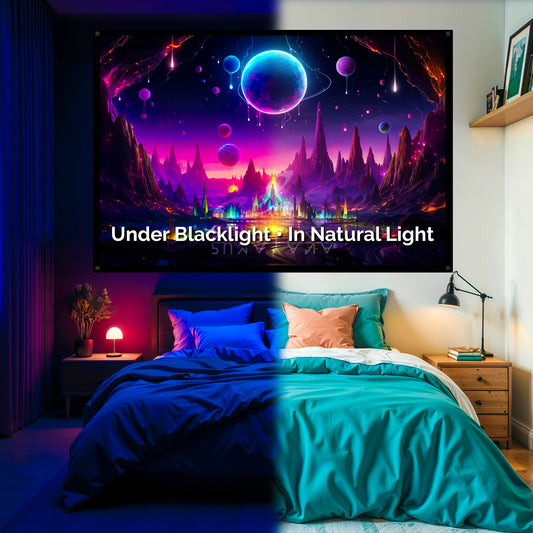 Cosmic DMT World Blacklight Tapestry: UV Reactive Glowing Wall Hanging