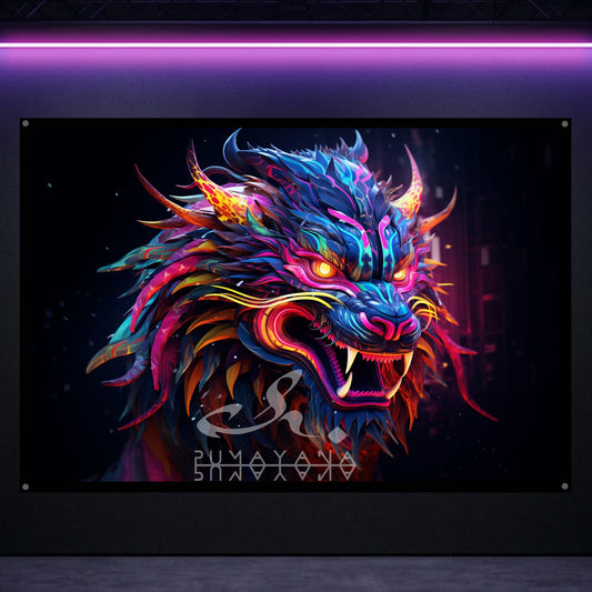 Dragon Lion Tapestry: UV Reactive Glowing Wall Hanging