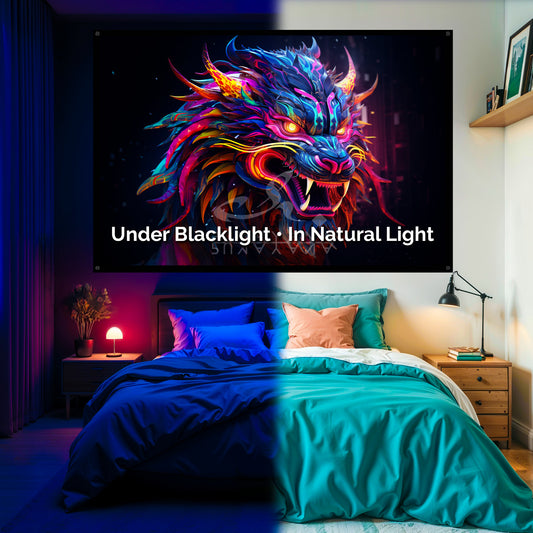 Dragon Lion Tapestry: UV Reactive Glowing Wall Hanging