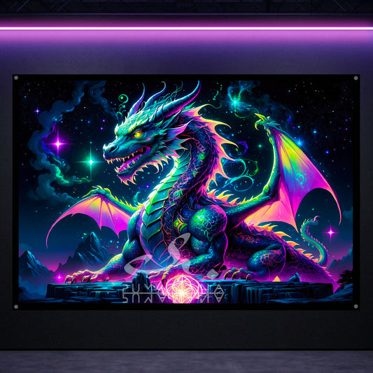 Mystic Dragon Blacklight Tapestry: UV Reactive Glowing Wall Hanging
