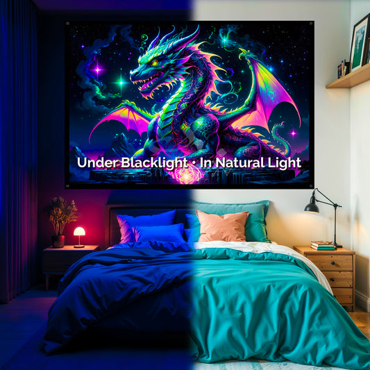 Mystic Dragon Blacklight Tapestry: UV Reactive Glowing Wall Hanging