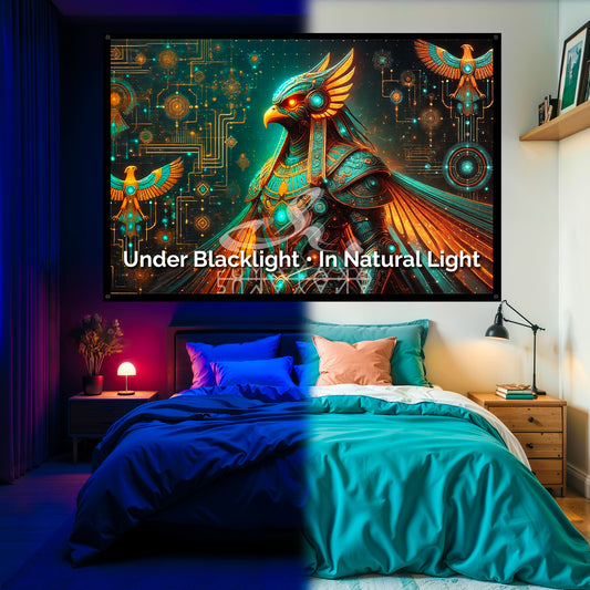 Egyptian Horus God Tapestry: UV Reactive Glowing Wall Hanging