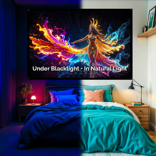 Tantra Egyptian Dancer Blacklight Tapestry: UV Reactive Glowing Wall Hanging