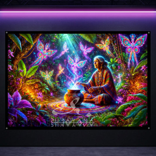 Shamanic Elder Blacklight Tapestry: UV Reactive Glowing Wall Hanging