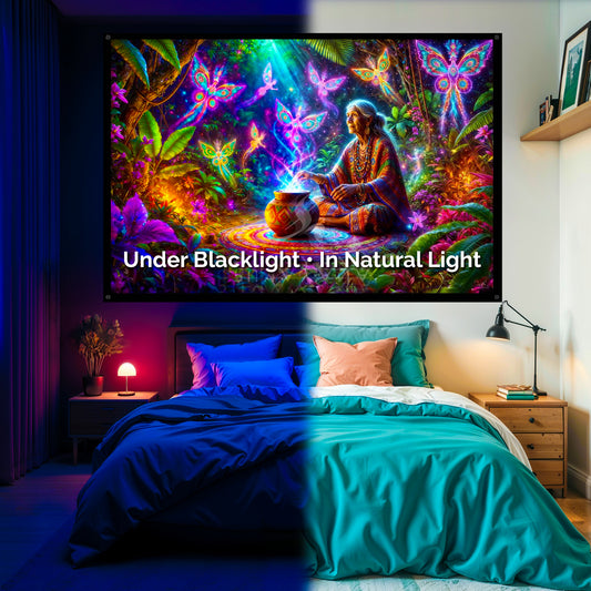 Shamanic Elder Blacklight Tapestry: UV Reactive Glowing Wall Hanging