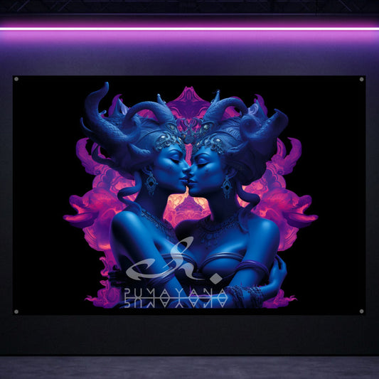 Tantric Goddess Lovers Blacklight Tapestry: UV Reactive Glowing Wall Hanging