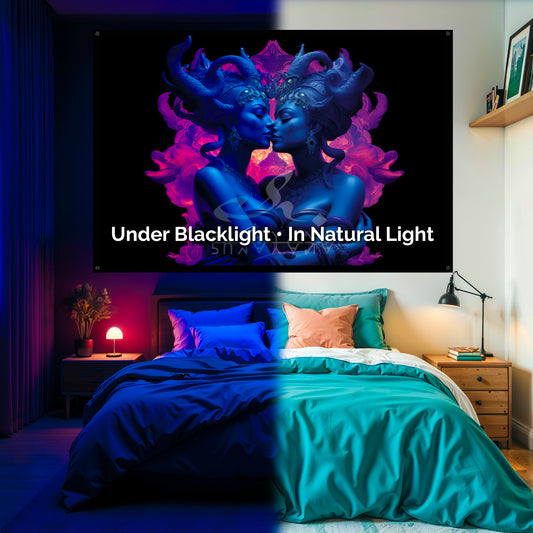 Tantric Goddess Lovers Blacklight Tapestry: UV Reactive Glowing Wall Hanging
