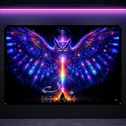 Mystic Fire Owl Blacklight Tapestry: UV Reactive Glowing Wall Hanging