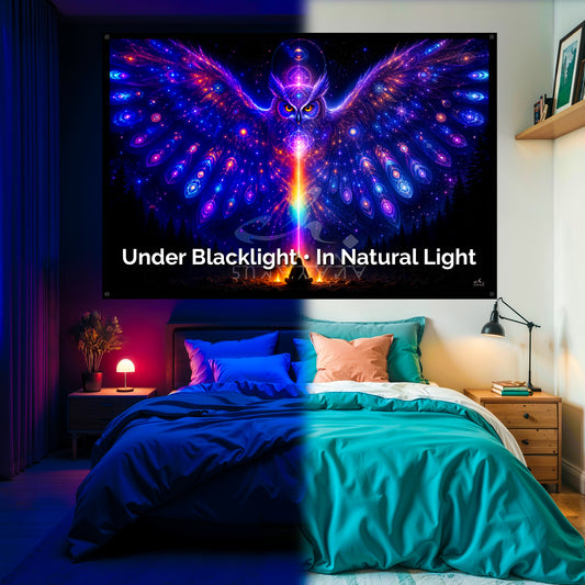 Mystic Fire Owl Blacklight Tapestry: UV Reactive Glowing Wall Hanging