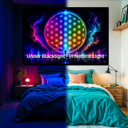 Magic Flower of Life Blacklight Tapestry: UV Reactive Glowing Wall Hanging