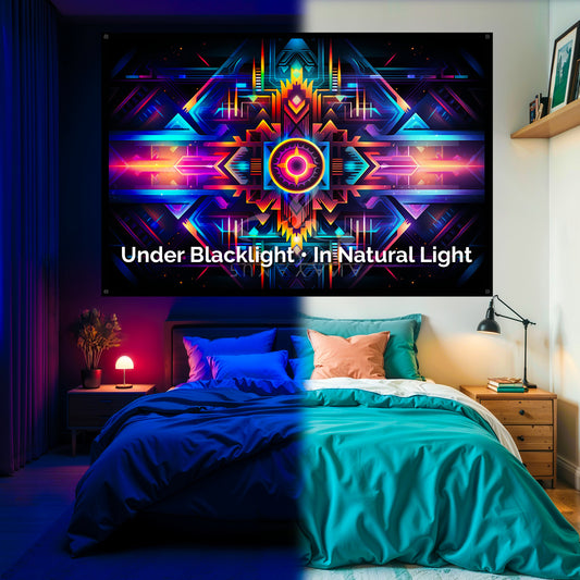 Fractal Geometry Pattern Blacklight Tapestry: UV Reactive Glowing Wall Hanging