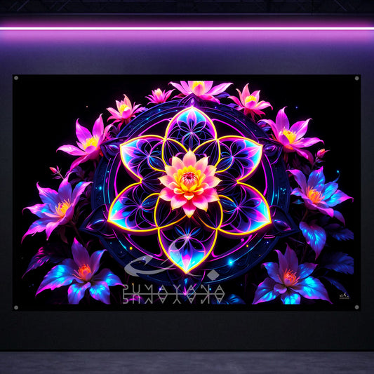 Geometric Lotus Blacklight Tapestry: UV Reactive Glowing Wall Hanging