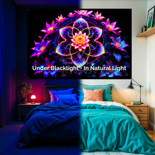 Geometric Lotus Blacklight Tapestry: UV Reactive Glowing Wall Hanging