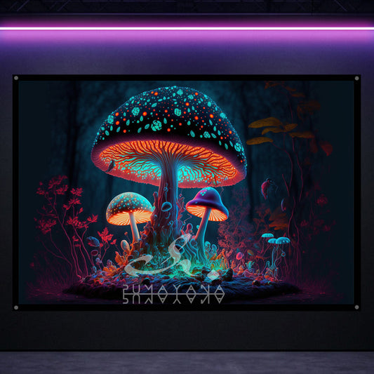 Glowing Mushroom Blacklight Tapestry: UV Reactive Glowing Wall Hanging